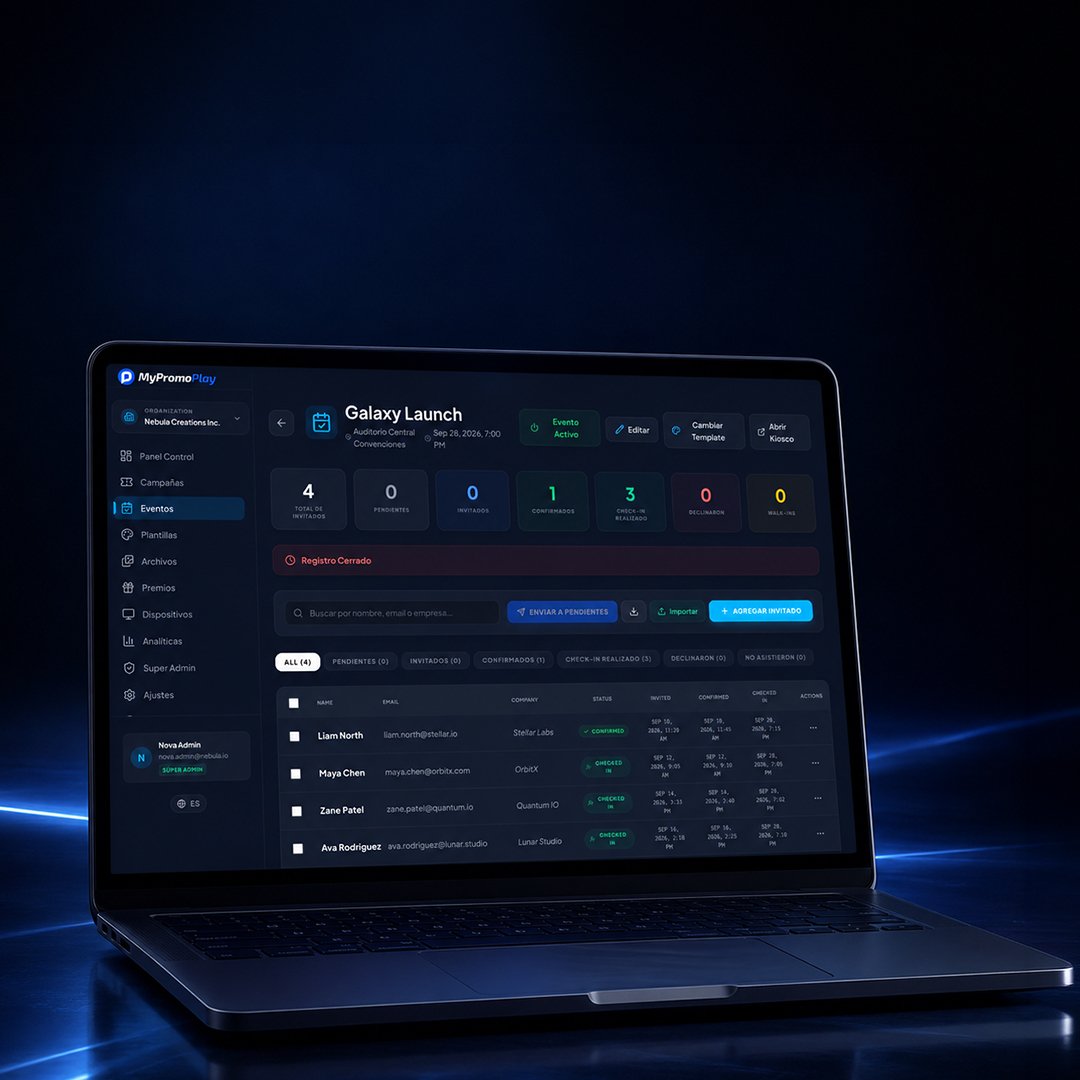 Dashboard de creación y configuración de eventos en MyPromoPlay